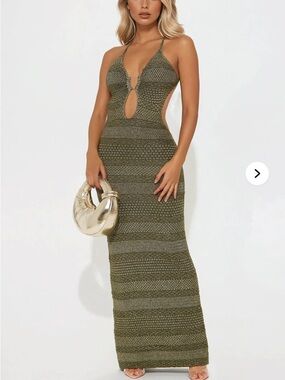 Fashion Nova Olive Green Crochet Maxi Dress